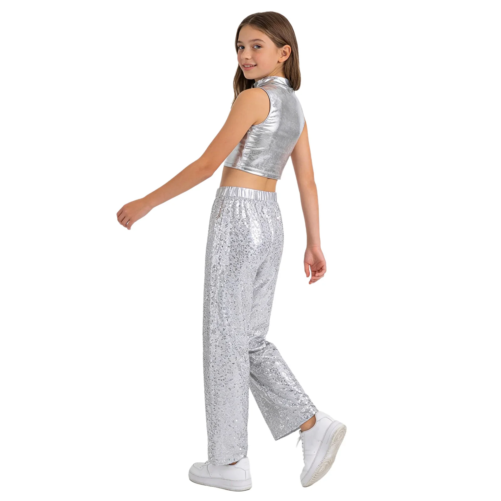 

Kids Girls Rhythmic Jazz Dance Wear Outfit Metallic Sleeveless Crop Top with Sequin Pants Modern Dance Stage Performance Costume