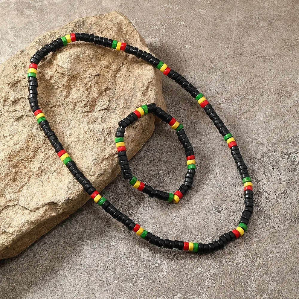 Red Yellow Green Black Rasta Reggae Punk Hiphop Necklace and Bracelet Jewelry Set Glass Seed Beads Black Africa Fashion Jewelry