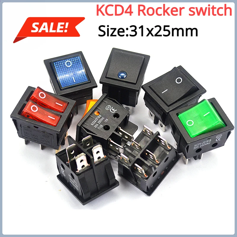 1 Pcs KCD4 Rocker switch ship type switch rocker power button 4/6PIN red light green light 31x25mm16A/30A 250v ON-OFF/ON-OFF-ON