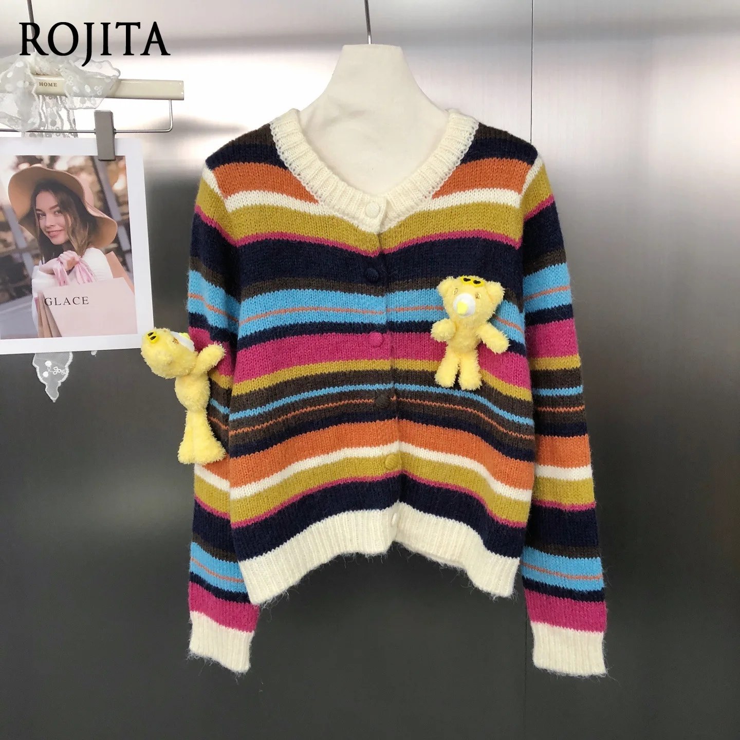 

Vintage Rainbow Striped Color Block Cute Bear Brooch Fashion Versatile Sweater Cardigan for Women Autumn 2025 New Sweaters