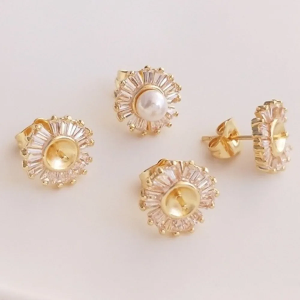 

Медь 14-каратного золота Цвет Циркон Кружева Полуотверстие Держатель для бусин Веер Серьги-гвоздики DIY Жемчужный держатель Серьги Аксессуары Материал