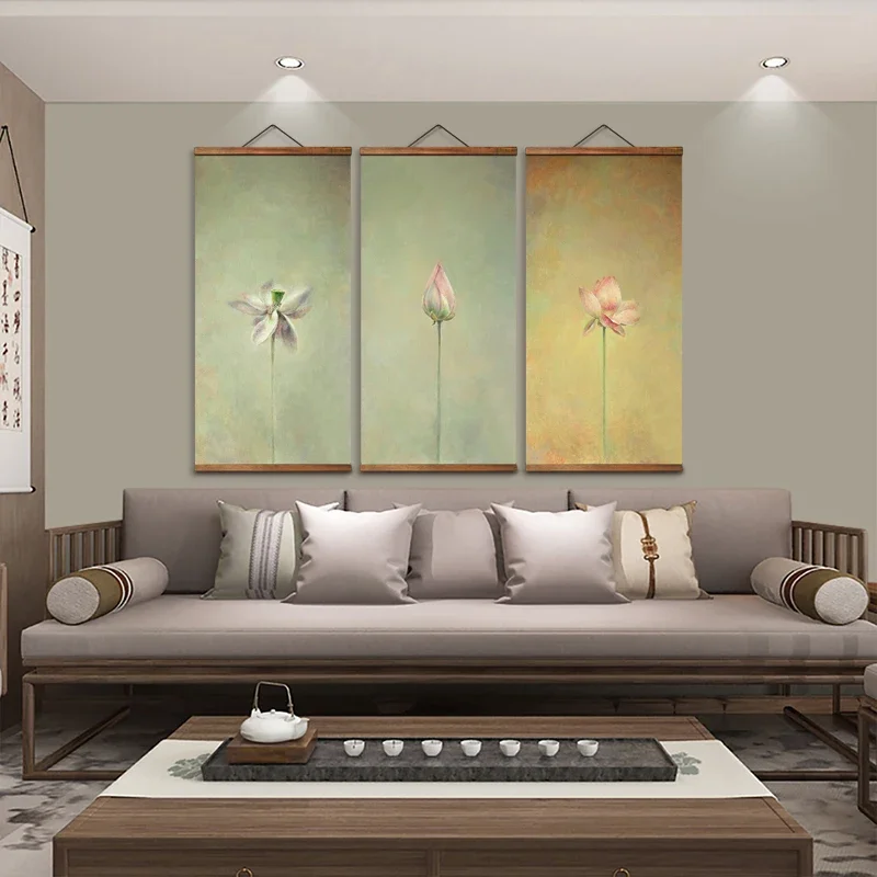 MT3016 Chinese Style budding lotus Decorative Wall Art Posters Solid Wood Scroll Paintings