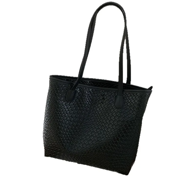 

Trendy Black Woven Leather Tote Bag - Spacious Handbag for Office & Shopping