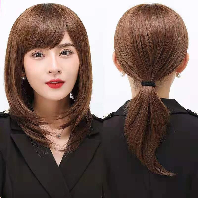 Vrouw Middelbare leeftijd Zijwaarts geveegde pony Schouderlengte haar Dame Dagelijkse match Natuur Sleutelbeen Pruik Feesthoofddeksels Halflang haar