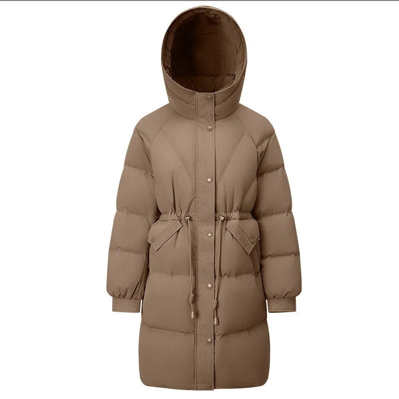 Chericom Damen-Daunenjacke mit Kapuze, lang, 2022, Winter, Kordelzug, Taille, Puffer, thermisch, warm, schlankmachend, lässige Oberbekleidung, Y309159Y