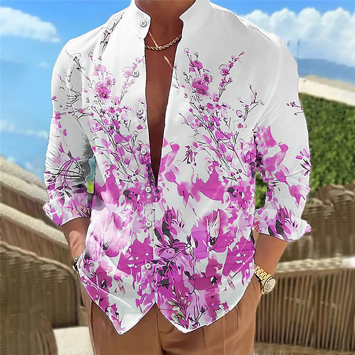 New Men\'s Shirt Multicolor Floral Pattern 3D Printing Stand Collar Long Sleeve Daily Casual XS-6XL Fast Shipping