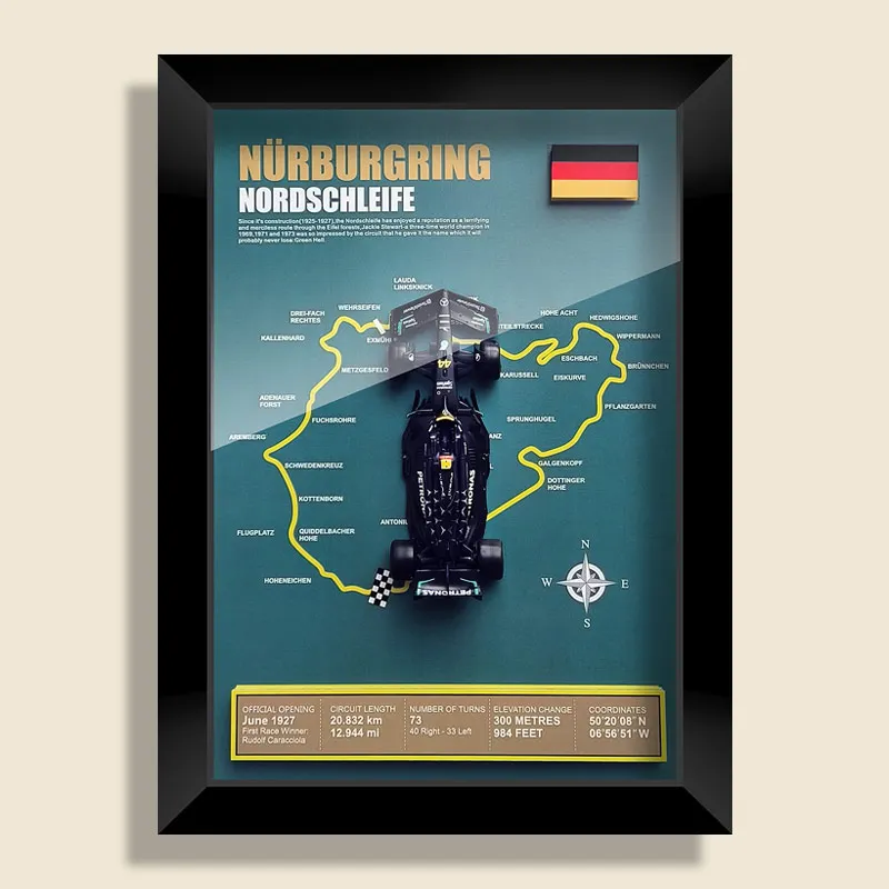 Bburago Mercedes Benz Hamilton F1 1:43 W14 wall figure art decor diecast car model display circuit Nurburgring Monaco tracks map