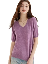 Camisola feminina 100% lã merino camisola para mulher pulôver manga curta topos primavera verão com decote em v roupas femininas de malha macia