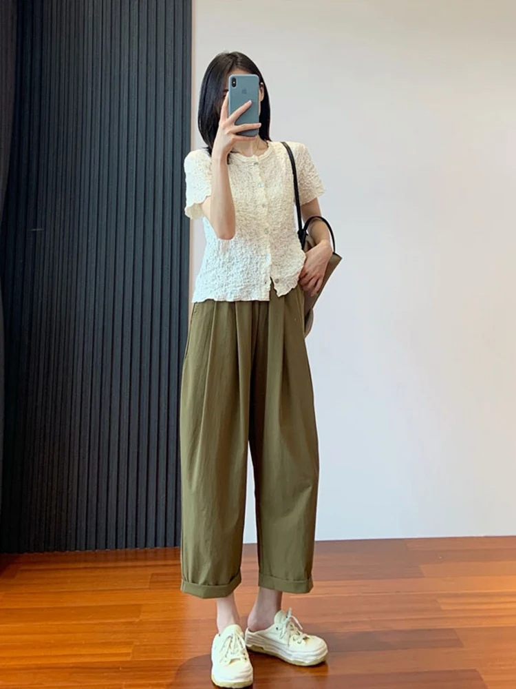 Khaki Lyocell Casual Pants Women Summer Thin Straight High Waist Loose Conceal Slimming Wide Leg Trousers Fashionable All-Match