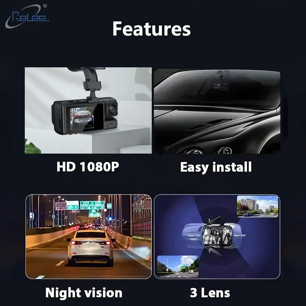 عالية الوضوح 360 سيارة فيديو 3 عدسات IPS شاشة زاوية واسعة ورؤية ليلية داشكام لمسجل القيادة #3