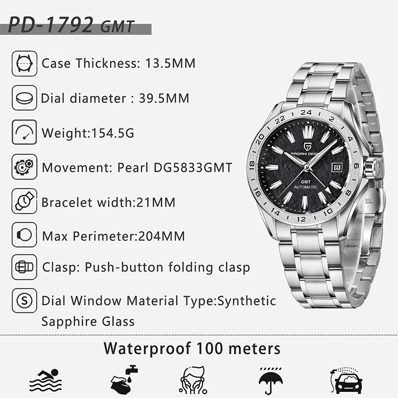 PAGANI DESIGN Klasyczny luksusowy męski zegarek automatyczny GMT Najlepsza marka szafirowe szkło Wodoodporny mechaniczny zegarek na rękę ze stali nierdzewnej