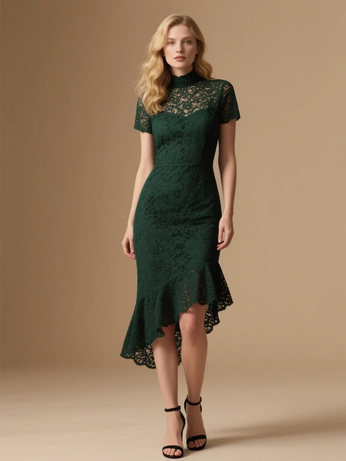 

Elegant Mermaid Evening Dress Lace Asymmetrical Hem High Neck Short Sleeve Appliques Wedding Guest Dress 2025 free customized