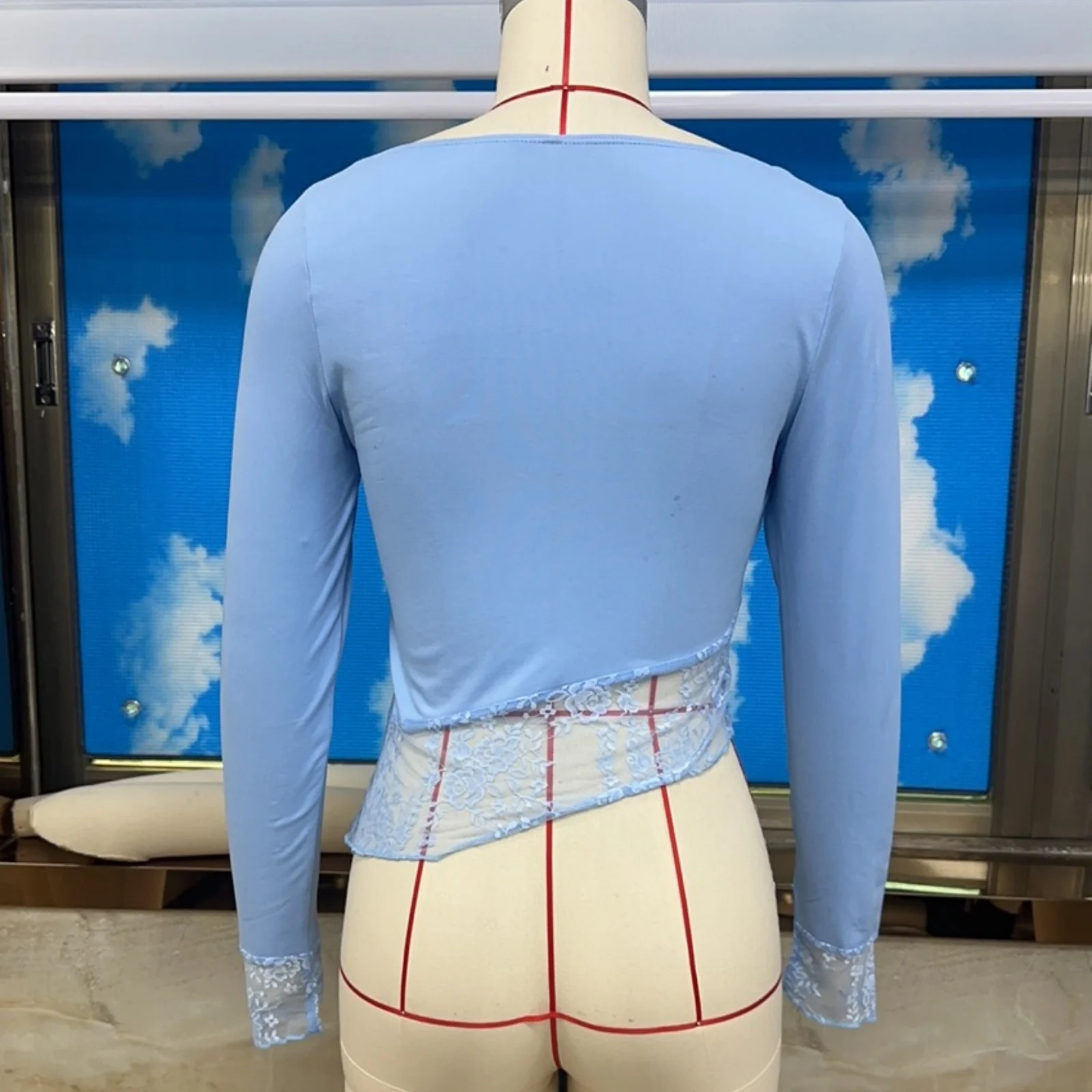 Spring Fall Solid Color T-shirt for Women Long Sleeve Square Neck Lace Patchwork Slim Fit Ladies Crop Tops Streetwear