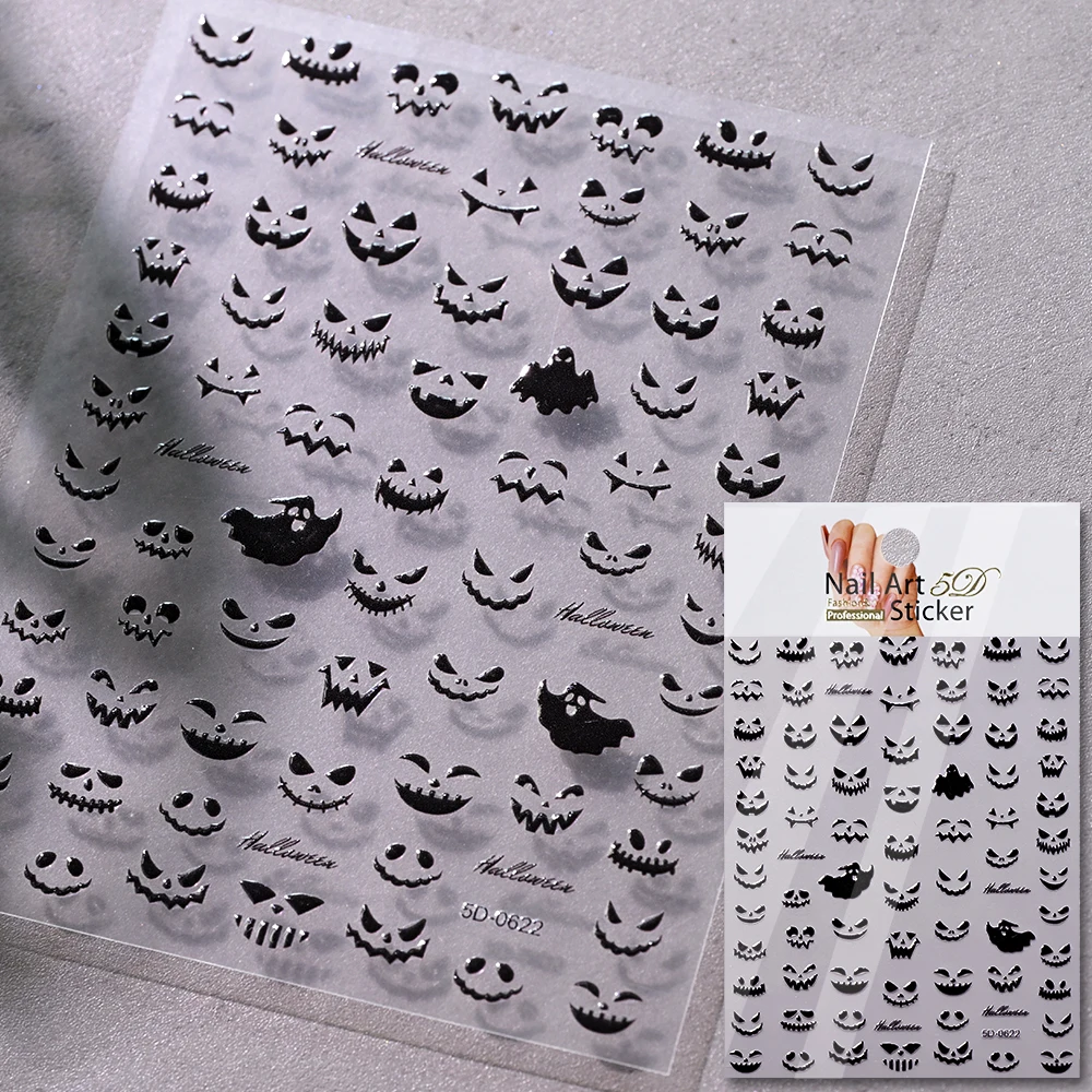 1 Stück 5D Schwarze Halloween-Spinnen-Nagelaufkleber mit verschiedenen Designs: Fledermaus/Geistergesicht/Kürbis/Totenkopf, selbstklebende Slider, DIY-Nagelzubehör