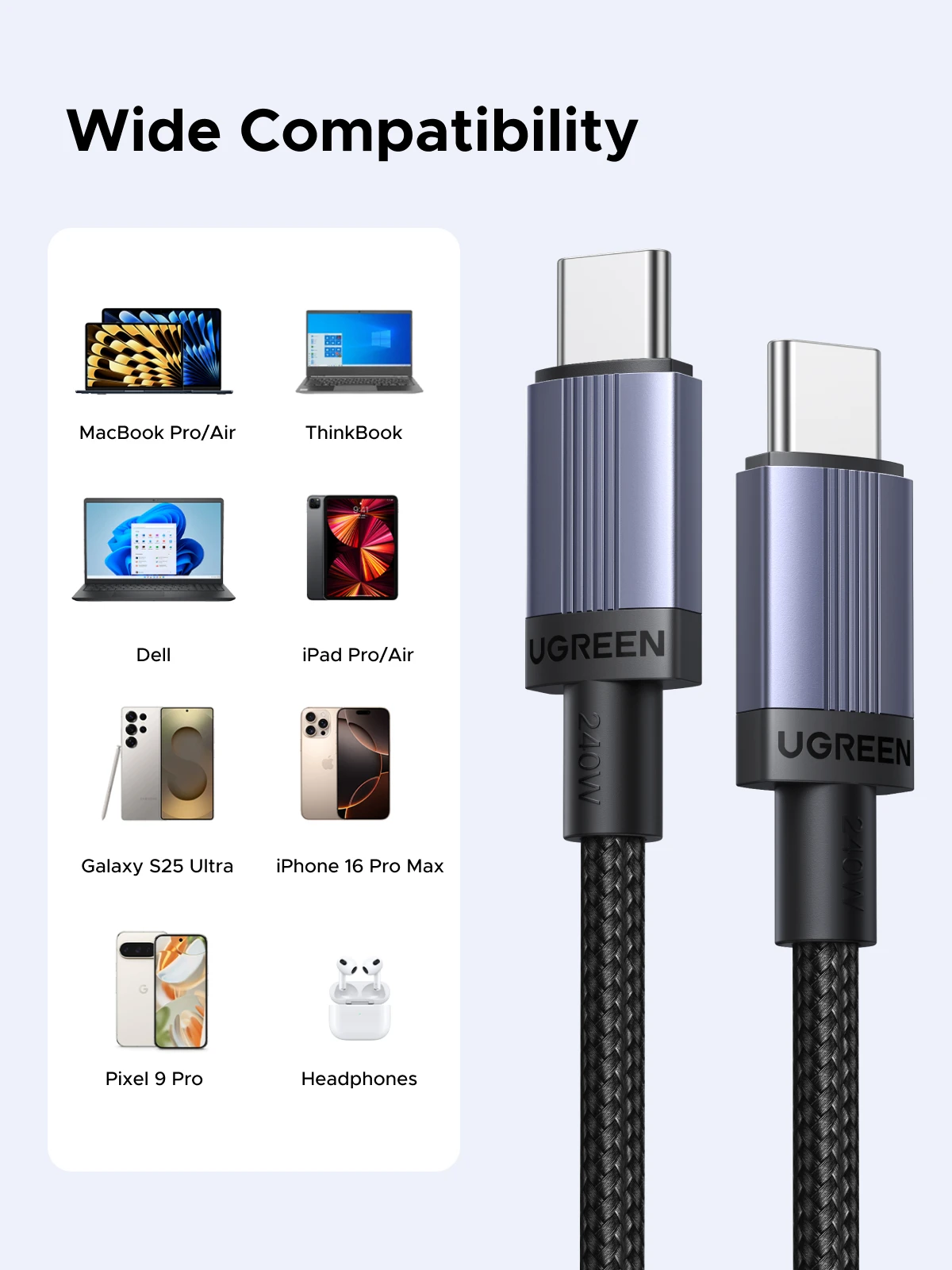 UGREEN 240W Kabel USB Typu C do Typu C 100W PD 3.1 Szybkie Ładowanie do APPLE Macbook Xiaomi Samsung Android Notebook 1m 2m — zdjęcie produktu 4