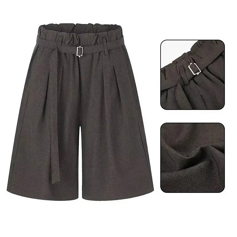Elastic Folded Waist Design Men's Casual Shorts With Belt Design Loose Wide Leg Knee Length Pants Summer New Bottoms LN38