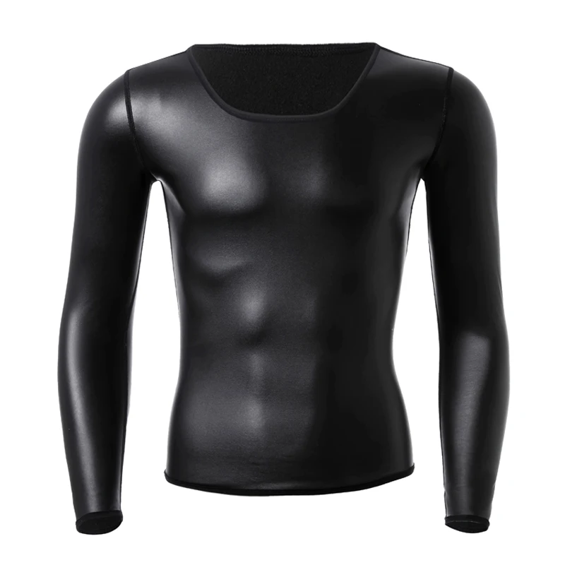 Men O Collar Long Sleeve Leather TShirt Slim Underwear Body Shapers Waist Trainer Corsets Tummy Shapewear Fitness Leather Shirts