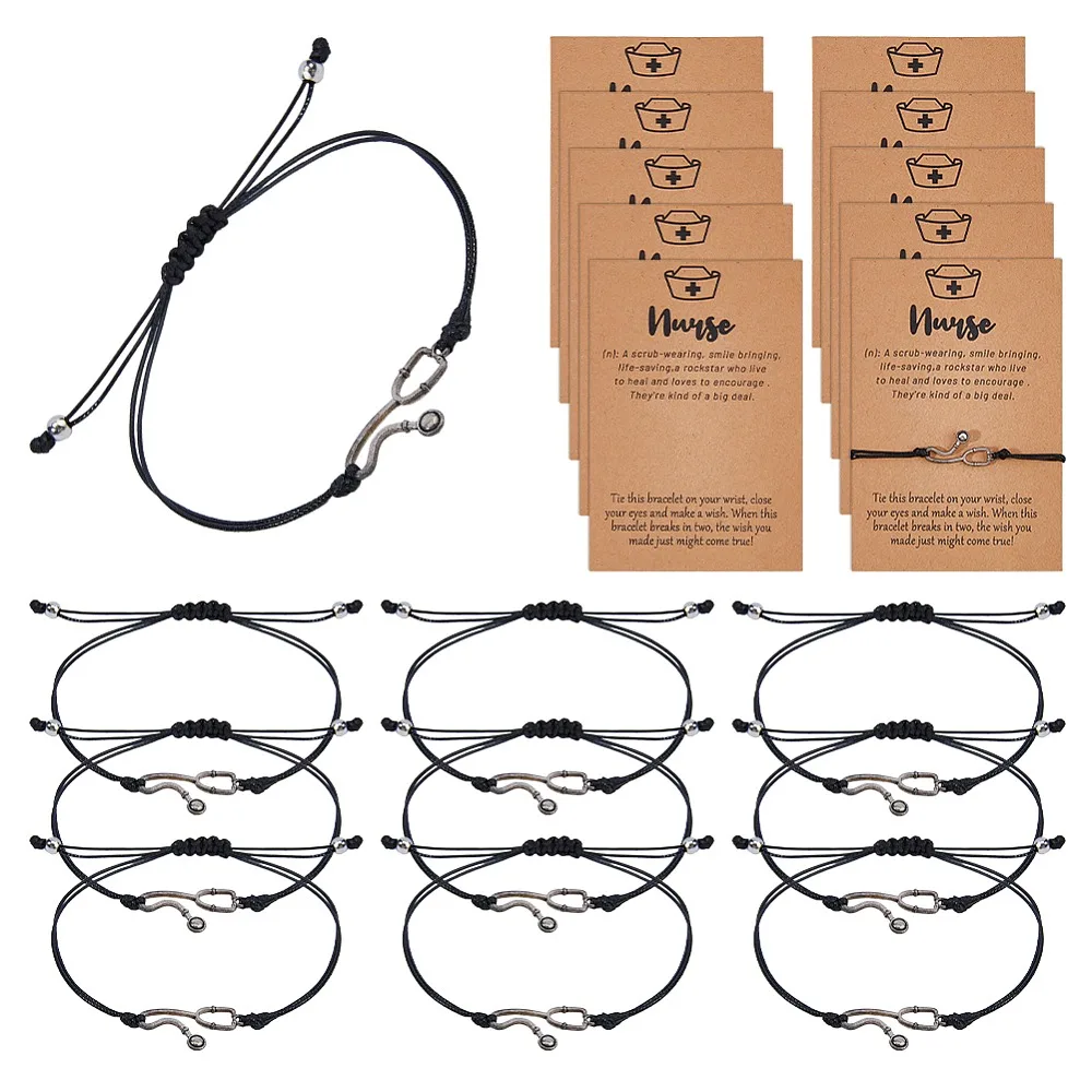 

10Pcs Alloy Stethoscope Link Bracelets Adjustable Waxed Cord Bracelets for Men Women with Paper Card Black