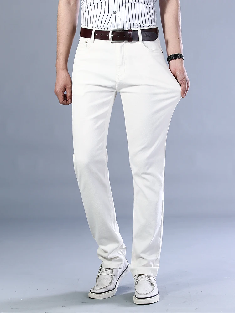 4 Colors Autumn Classic Style Men's Slim White Jeans Business Casual Cotton Stretch Khaki Denim Pants Wine Red Trousers Male