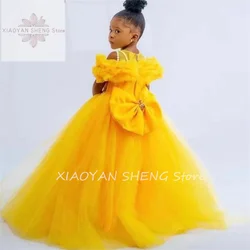 Yellow Puffy Little Kids Birthday Party Dresses Jewel Neck Ruffles Mother And Girl Princess Flower Girls Gowns Toddler Prom Dres