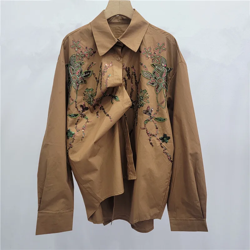 HKSH Primavera Autunno Nuove donne Camicia in rilievo con paillettes Colletto rovesciato Maniche lunghe Monopetto Chic Camicetta Casual Top HK16486