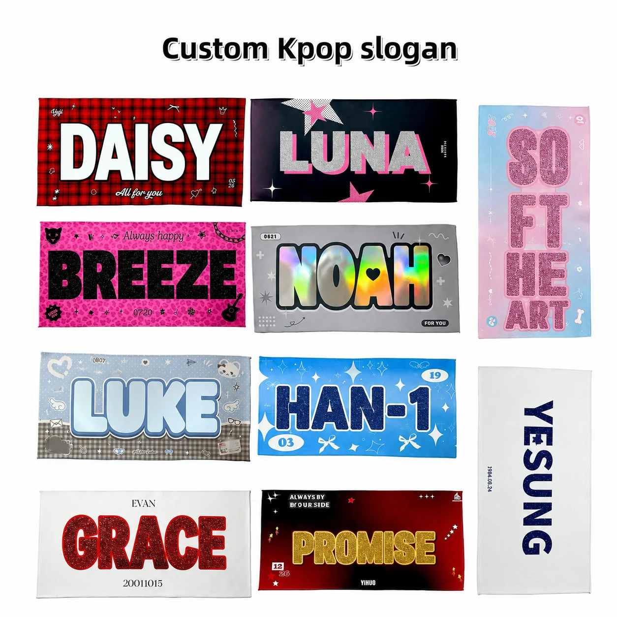 Custom Kpop Fabric Slogan Banner Personalized Korean Style Cheering Kit Reflective Concert Fan Support Banner White Reflection