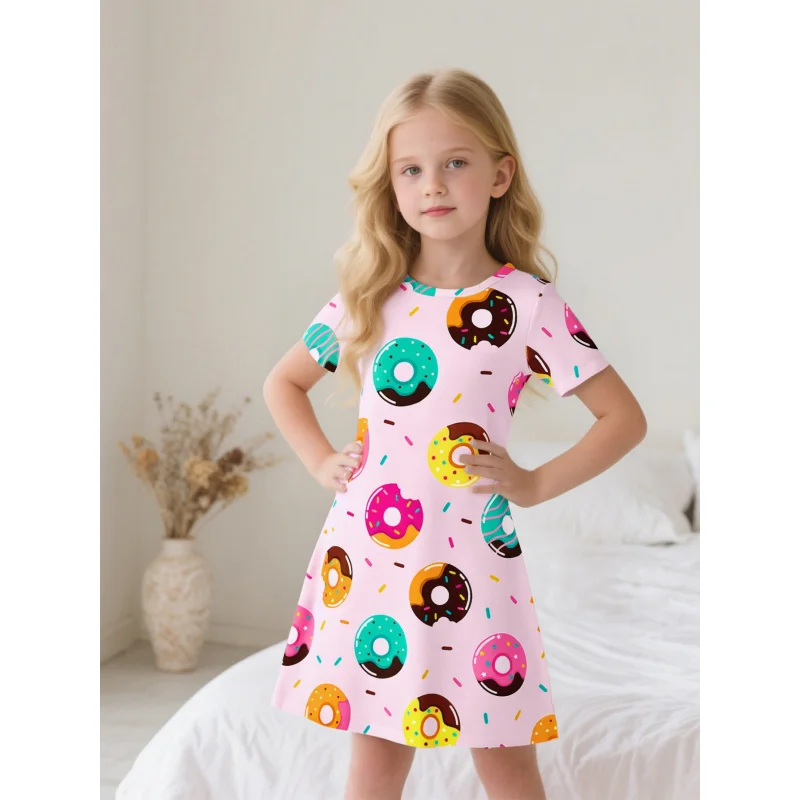 Girls' Pink Donut Print Casual Short Sleeve Dress 2026 Fashionable And Cute Design for Girls