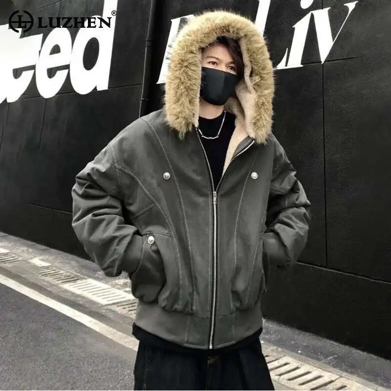 

LUZHEN 2024 Winter Fashion Fur Hooded Parka Coat Men's Original High Quality Warm Liner Solid Color Casual Padded Jacket LZ8368