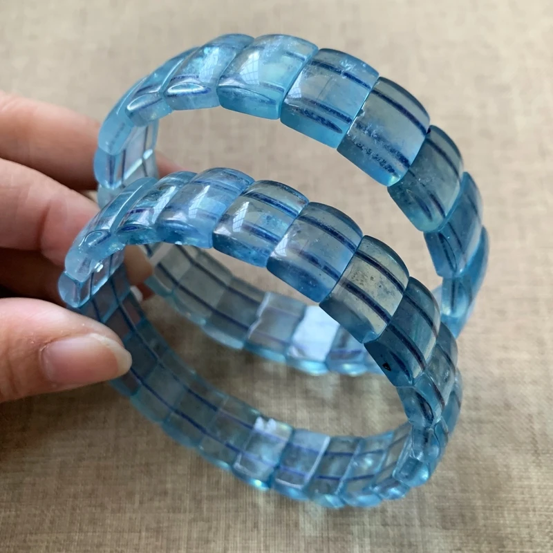 

Natural Blue Aquamarine Clear Rectangle Beads Bracelet Bangle Women 12x8mm Brazil Rainbow Blue White Aquamarine Jewelry AAAAA