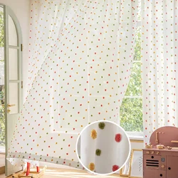 Boho Chic Pom-Pom Sheer Curtains Colorful 3D Floral Tufted Design Rod Pocket Window Drapes for Kids Bedroom Living Room Decor
