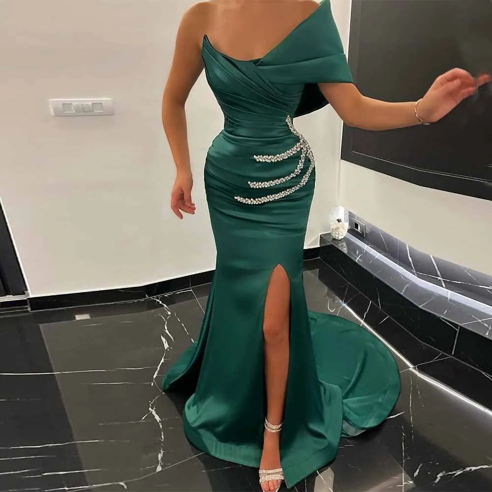 

Strapless Formal Dresses Long Satin Mermaid/Trumpet Evening Dress 2025 Turquoise One-shoulder Crystals Pleat Party Gown Long