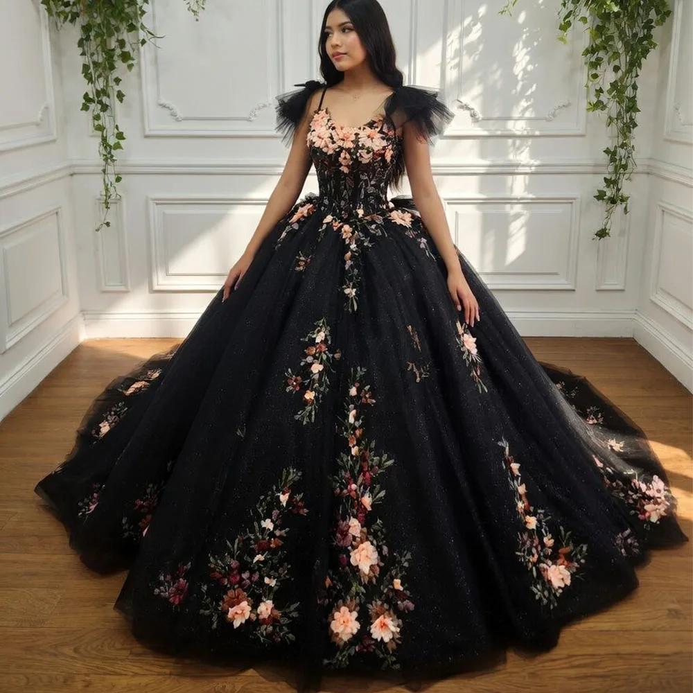 

Black Spaghetti Straps Sleeveless Quinceanera Dress With Lace Up Back Sequined Appliques Bow 2026 Style Vestido De 15