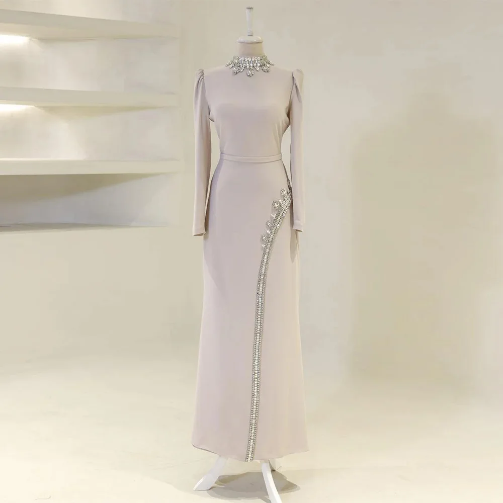 

Modern Evening Dress Party Gown Customized High Neck Long Sleeves Crystal Stones Ankle Length Saudi Arabia Prom Dresses