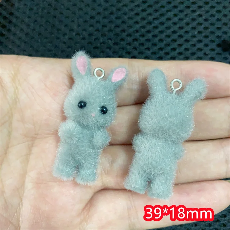 New arrived 30pcs/lot color flocking animals cartoon rabbits shape resin beads with hanger diy jewelry pendant accessory