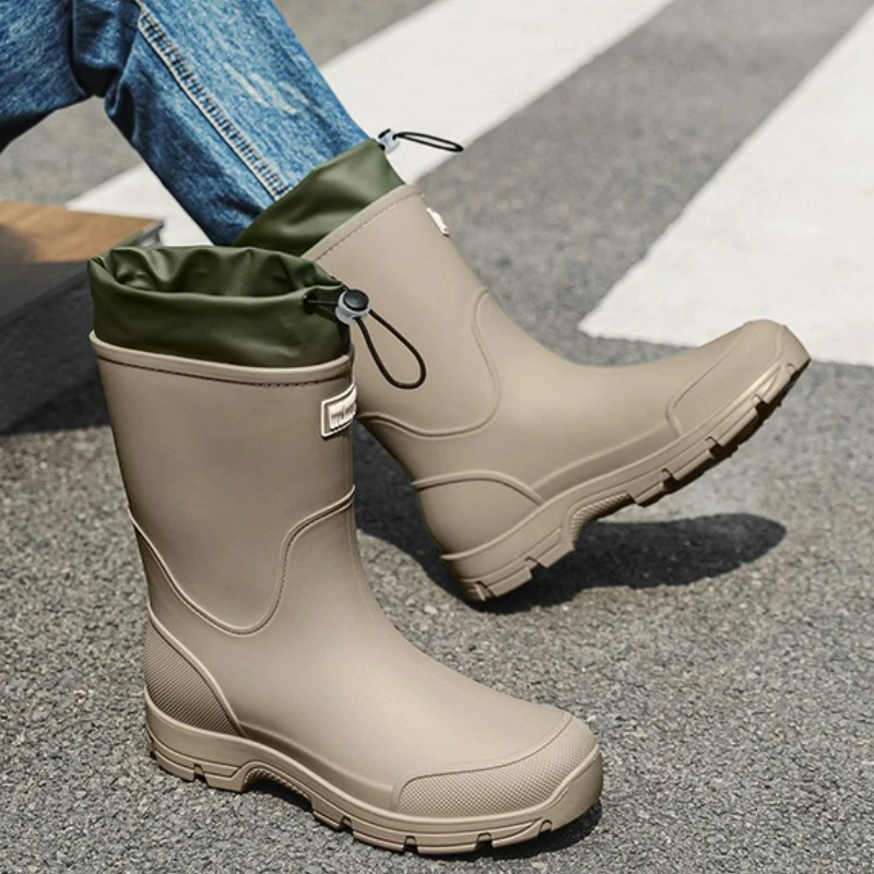 Men Rain Boots Waterproof Work Shoes Fashion Outdoor Non-slip Water Shoes Fishing Mid-calf Boots Platform Couples Rubber Boots