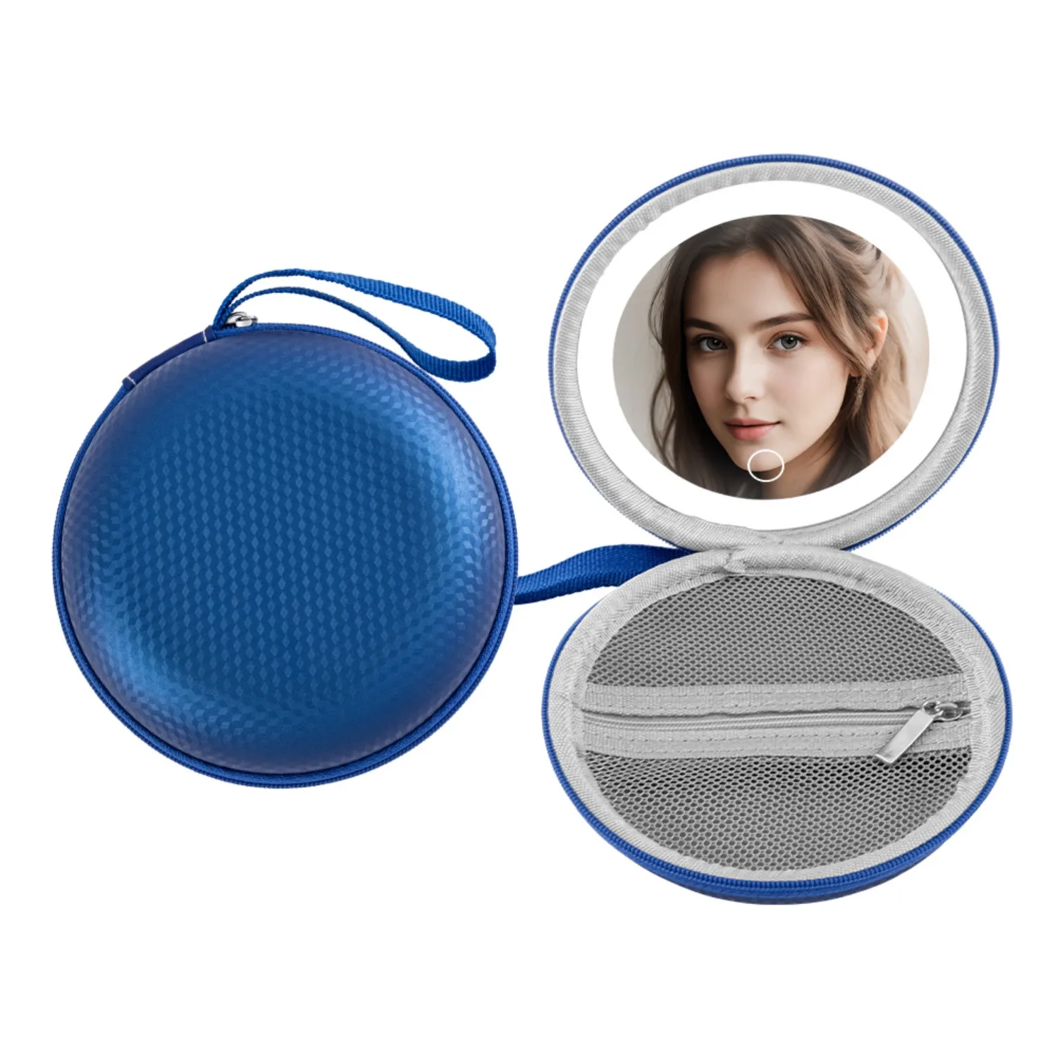 Espelho de maquiagem de couro portátil - com escurecimento por toque, armazenamento de batom embutido, alça suspensa e recarregável