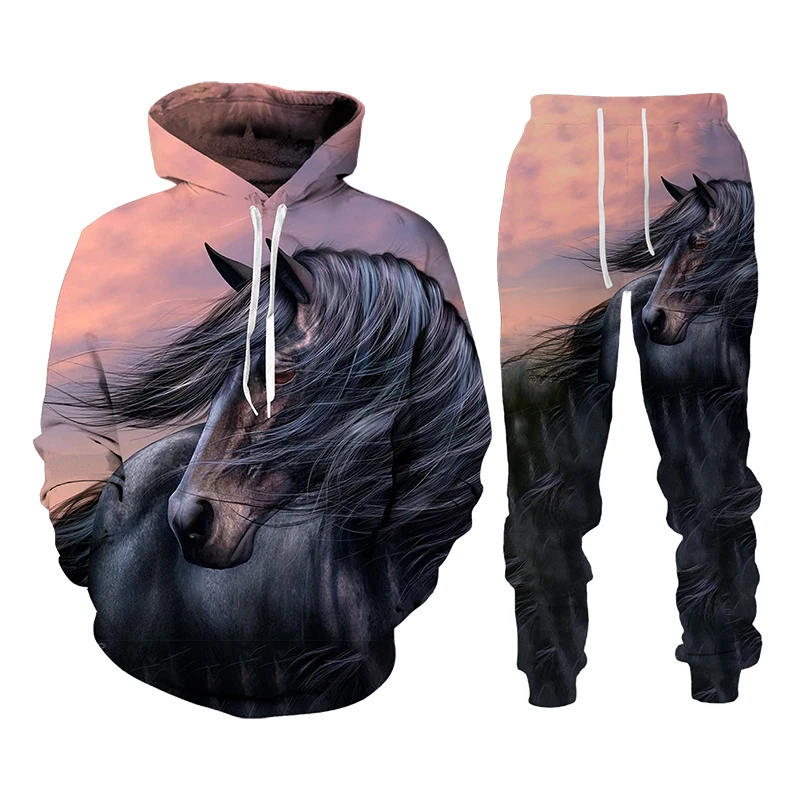 Spring Autumn  3D Horse Printed Men's Hooded  Set Men's Sportswear Tracksuit Long Sleeve Men's Clothing Two Suit