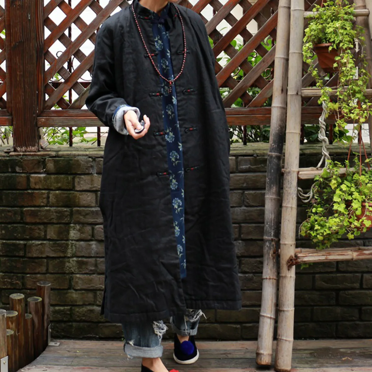 

Китайская осенне-зимняя льняная легкая стеганая длинная куртка, костюм Тан, женская повседневная куртка с пряжкой в стиле ретро, парка, верхняя одежда черного цвета