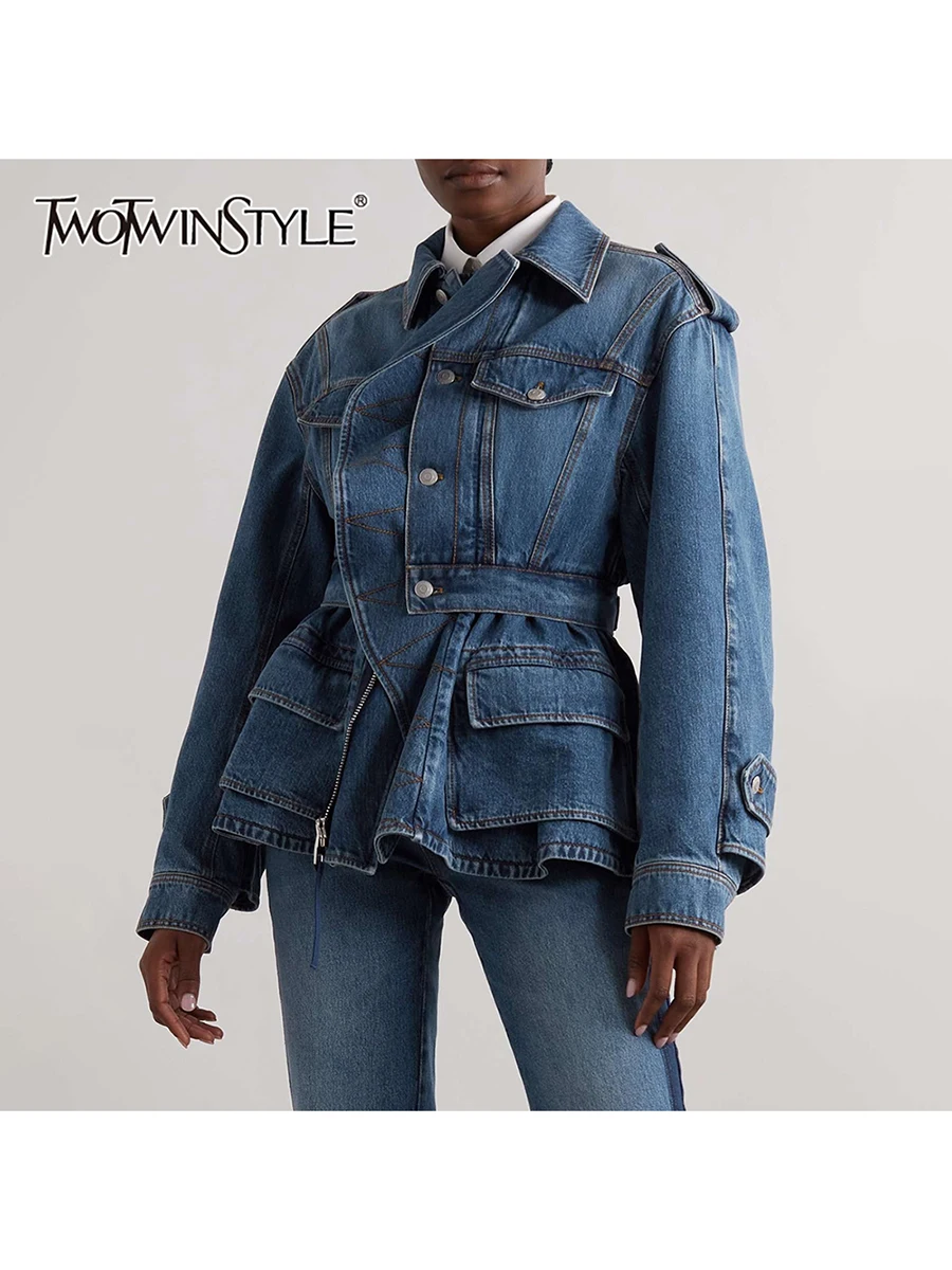 

TWOTWINSTYLE Solid Spliced Ruffles Fashion Cowboy Jackets for Women Lapel Long Sleeves Tunic Patchwork Buttons Jacket Female New