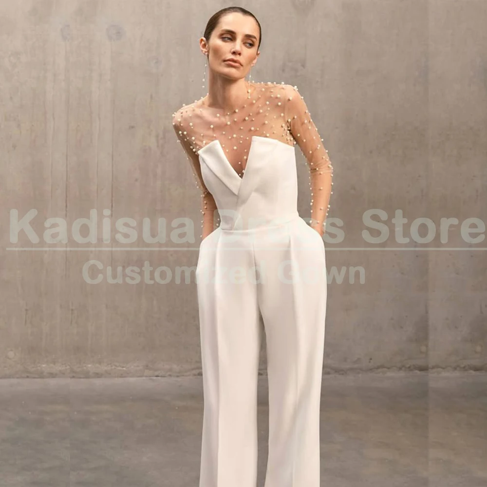 

Exquisite Pearls Evening Dresses Luxury O-Neck Jumpsuits Customzied Long Sleeve Illusion Pleat Elegant Women Dress Vestidos