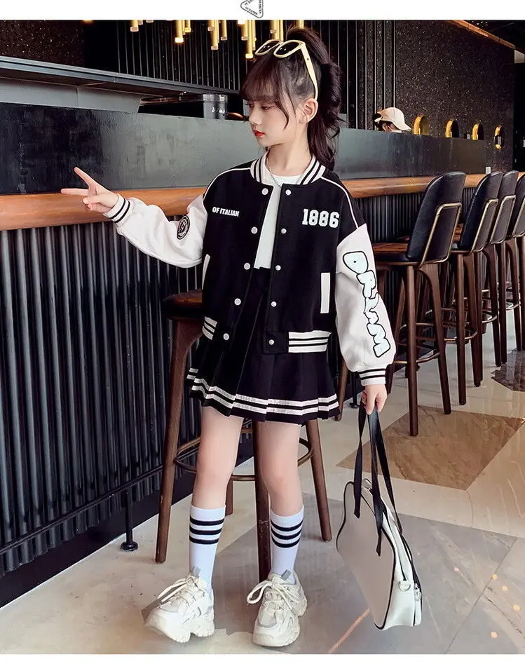 Junior Girls Baseball Suit Kid Spring and Autumn Fashion Splicing Letters Jacket Pleated Skirt 2 Pieces Student Set