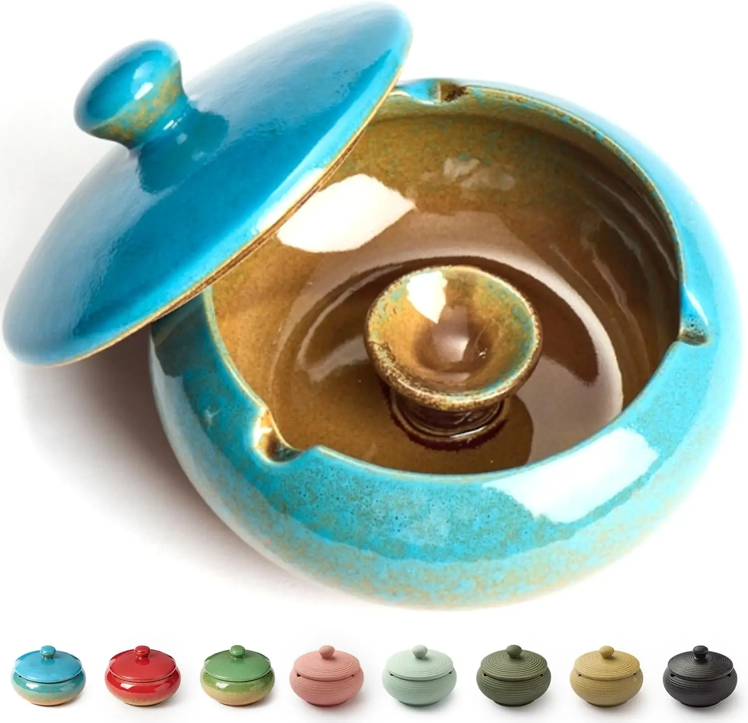 

Windproof Ceramic Ashtray with Lid for Outdoor Patio, Balcony, Home Office - Blue