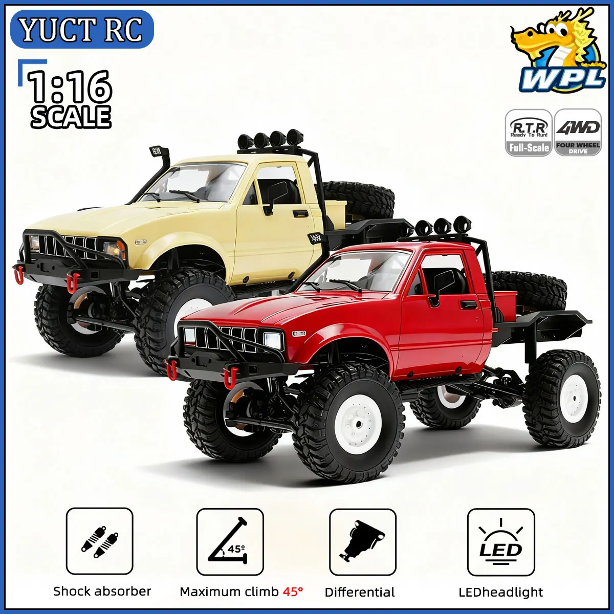 WPL C14 Full Scale RC Car 1:16 2.4G 4WD Rock Crawler Electric Buggy Climbing Truck LED Light On-road 1/16 For Adults Gifts Toys