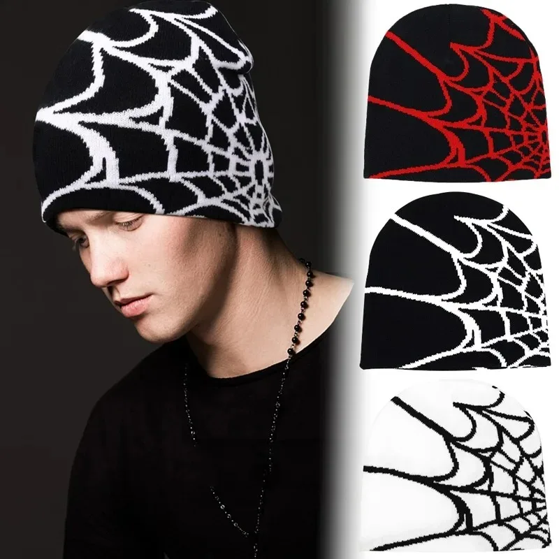 2023 New Goth Spider Web Jacquard Beanie Caps Y2K Knitted Warm Hip Hop Unisex Black Elastic Knit Hat Skull Cap for Women Men