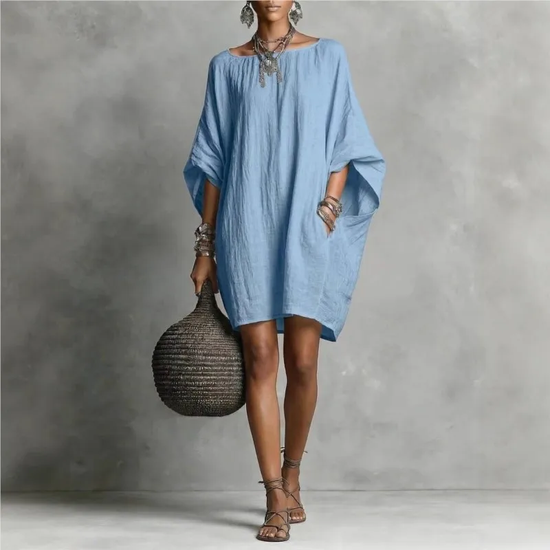 Foreign Style Street Fashion Loose Dress Women's Summer Casual Round Neck Mini Dresses With Pocket Ladies Simple Chic Clothing