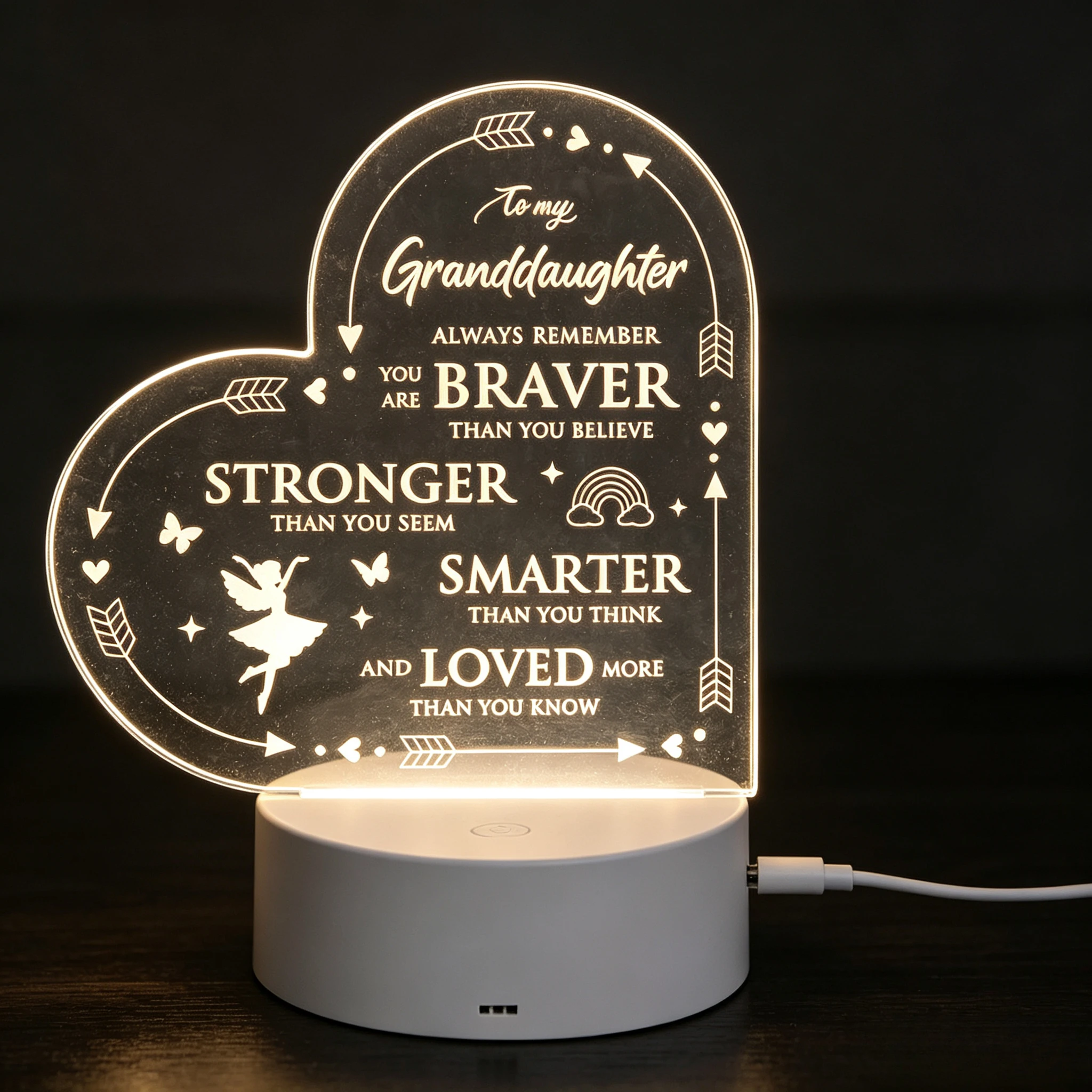 Heart‑Shaped To My Granddaughter Inspirational Quote Acrylic Night Light, LED Bedside Lamp Grandchild Gift,Engraved Fairy Arrow Rainbow Acrylic LED Nightlight, Family Love Desktop Table Ornament