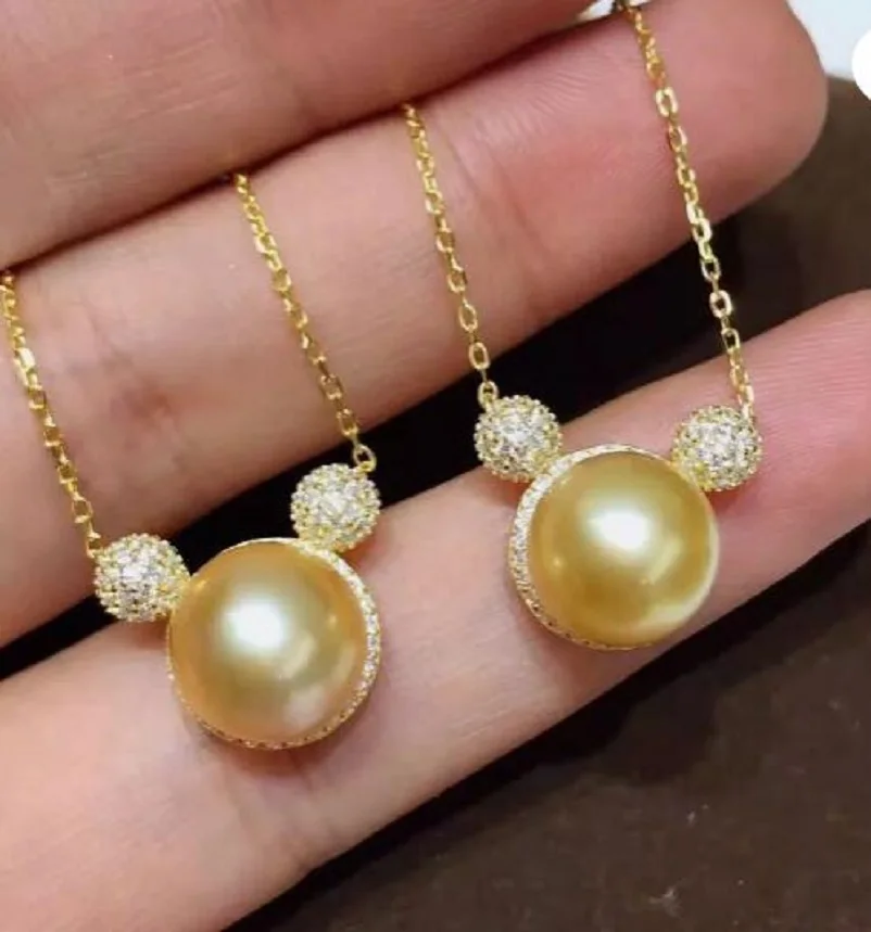 AAAAA 11-10MM SOUTH SEA GENUINE GOLDEN STUD PEARL PENDANT NECKLACE 925S ustomized Jewelry