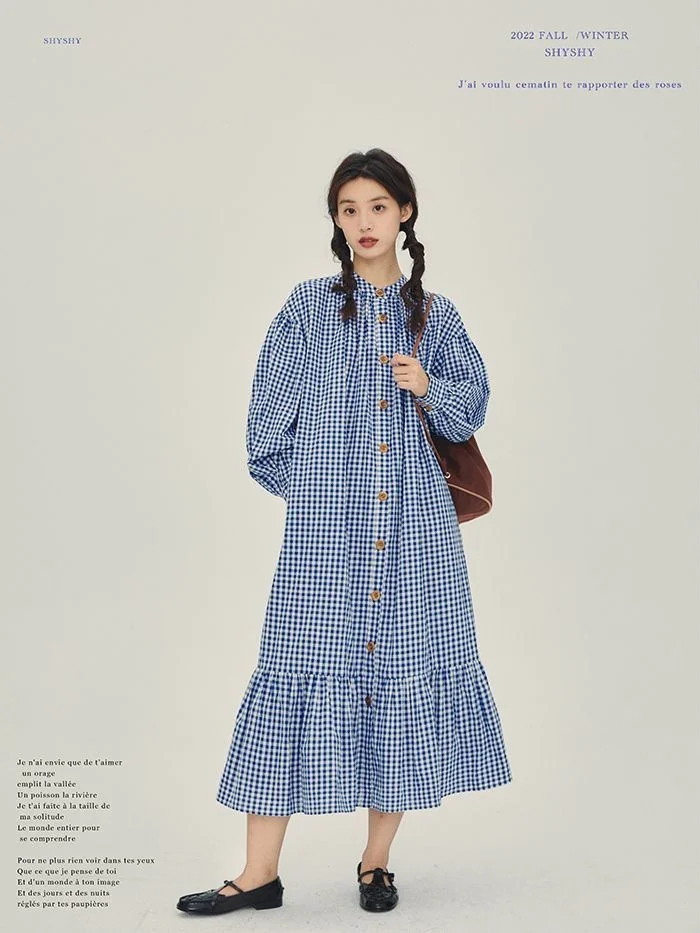 Summer Round Neck Pleated Drawstring Plaid Shirt Mid Length Skirt Plus Size es Vestidos Women Dress