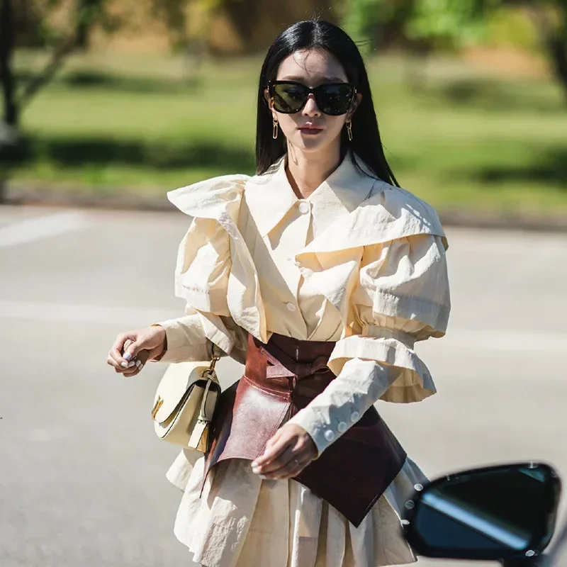 MN1 kpop Seo Sì Ji stessa moda estiva nuovo design sexy abito sottile donna personalità risvolto monopetto vita alta mini d9 * Jy