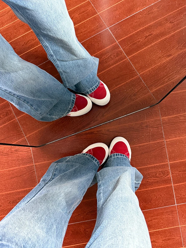 Amerikanische Retro-Blitzmuster-Jeans mit hoher Taille, geradem Bein, schlankmachend, bodenlang, weites Bein für Damen, Frühling Herbst Neuheit...